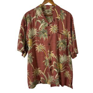 Seven Palm Brand 100% Silk Hawaiian Pink Palm Pineapple Button Up Shirt Men's LG